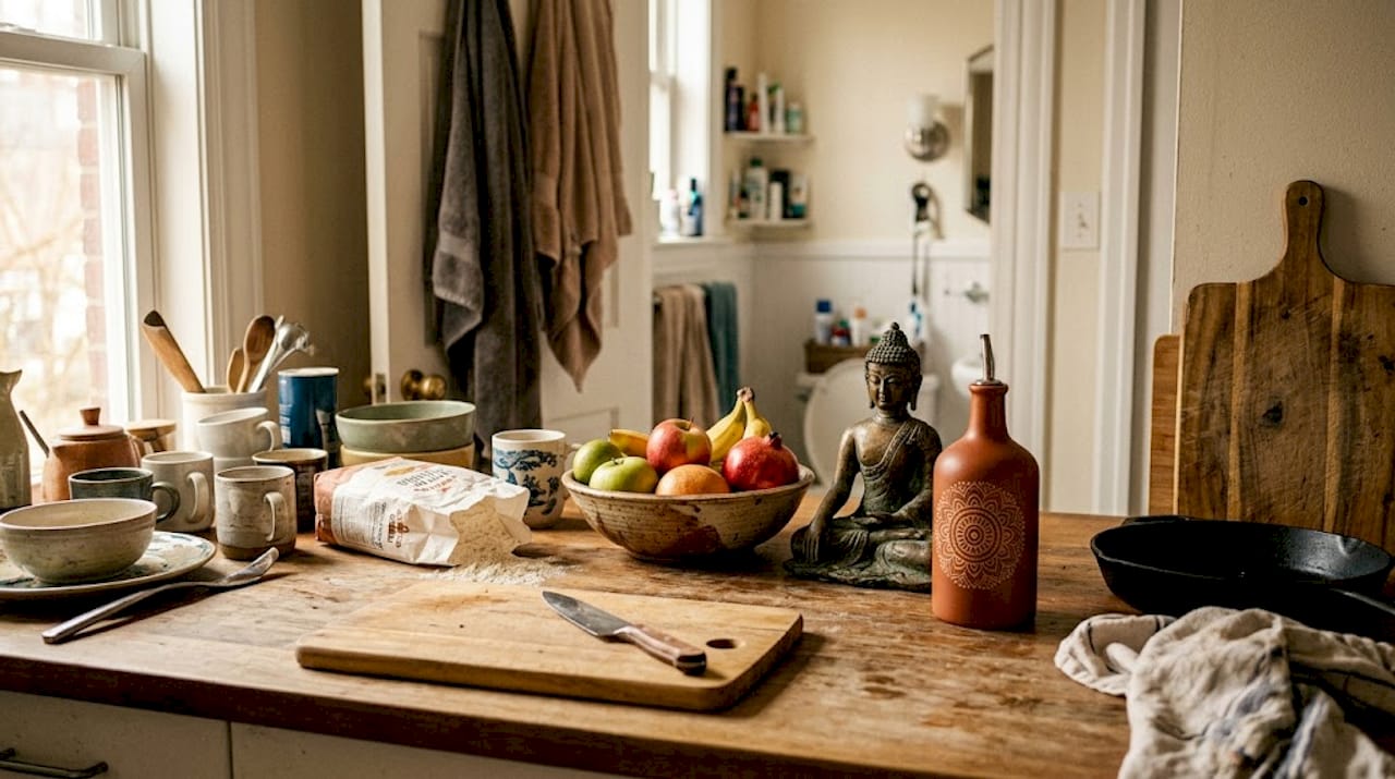 Buddha statue on bathroom vanity near kitchen