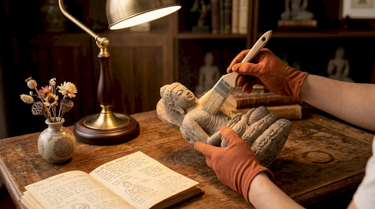 Hands cleaning antique stone statue with brush
