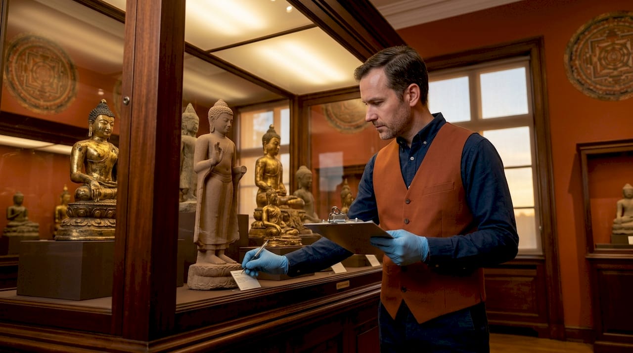 Curator labeling Buddhist sculpture in museum