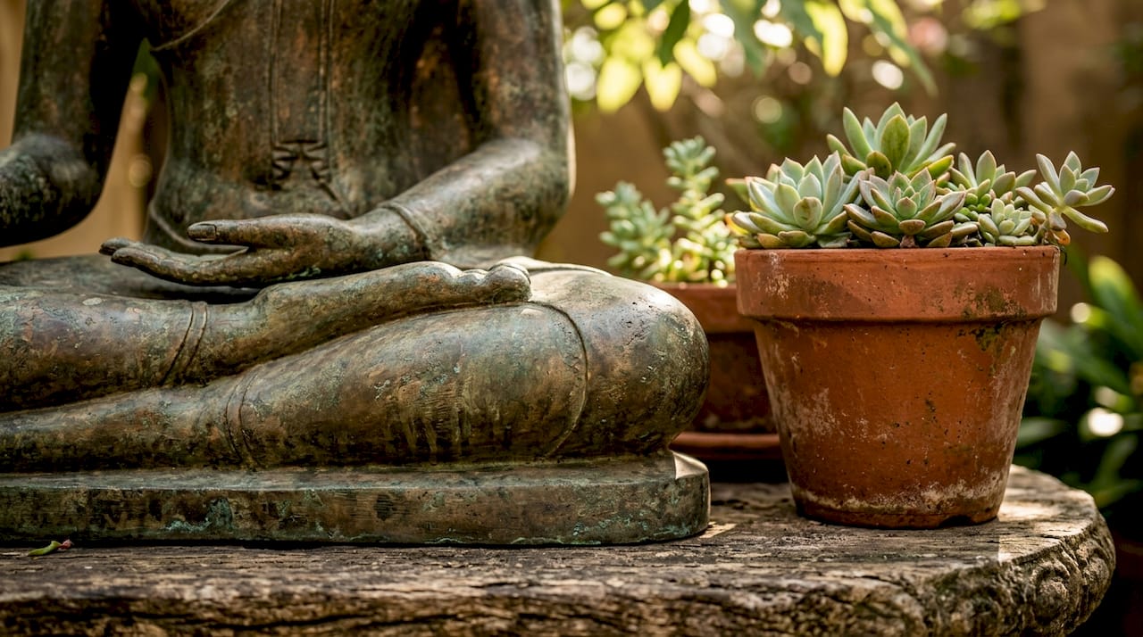 Closeup of Buddha statue’s patina and details