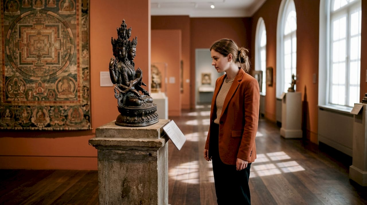 Visitor reading plaque by Eleven-Faced Avalokiteshvara sculpture
