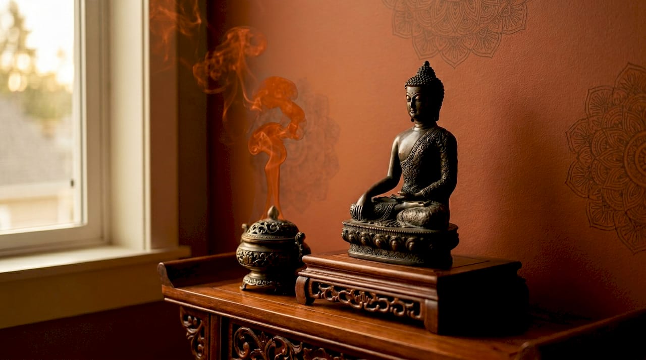Bronze Buddha statue on stone altar stand