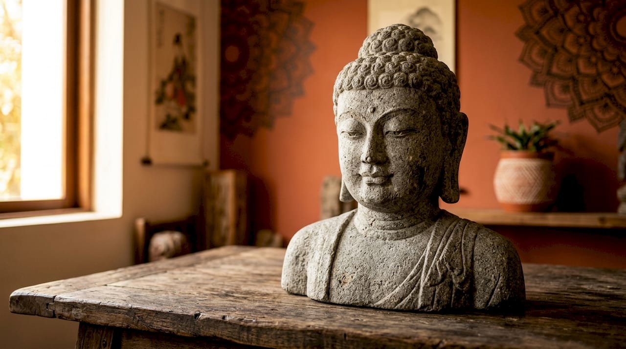 Close-up of textured granite Buddha statue face