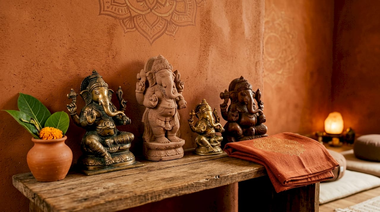 Ganesh statues in varied postures and materials on shelf