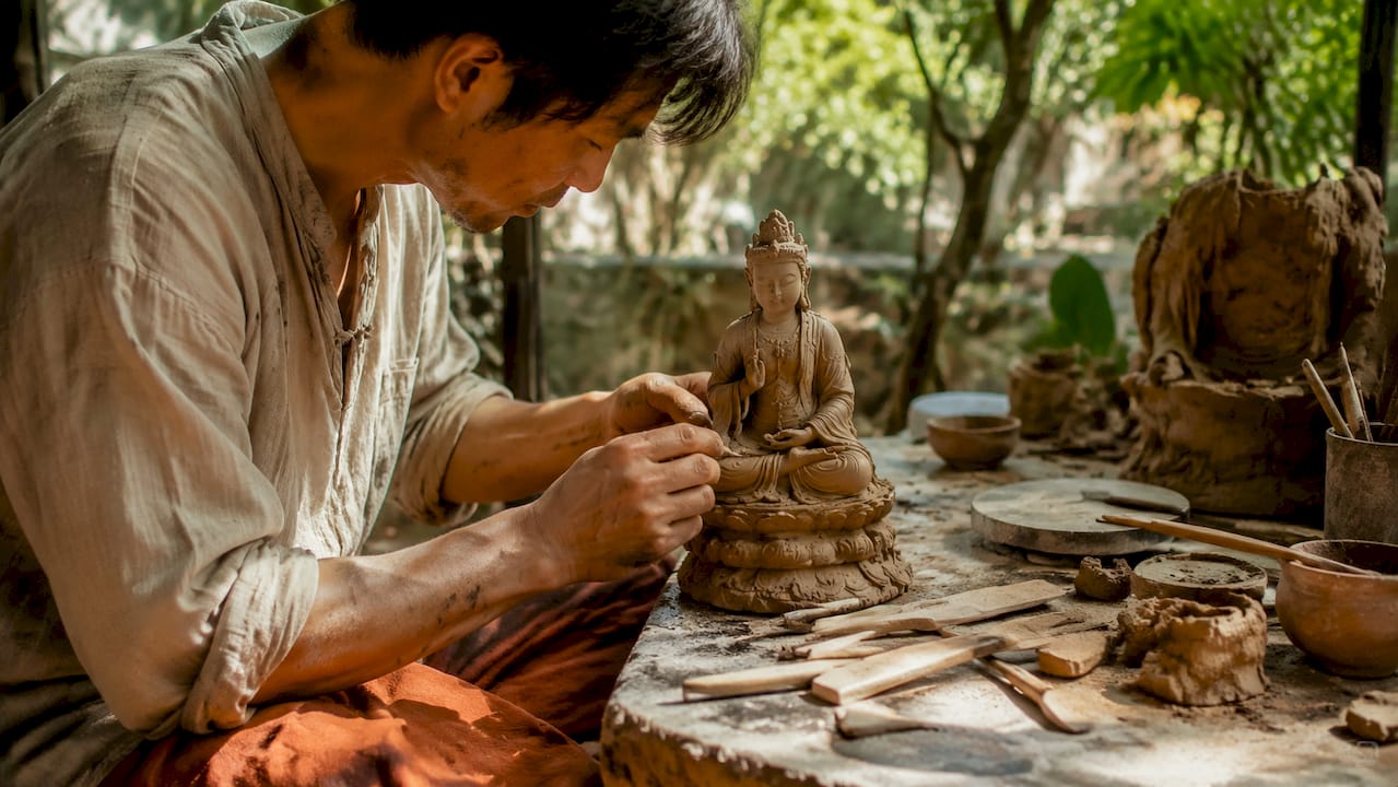Hands carving wooden bodhisattva sculpture