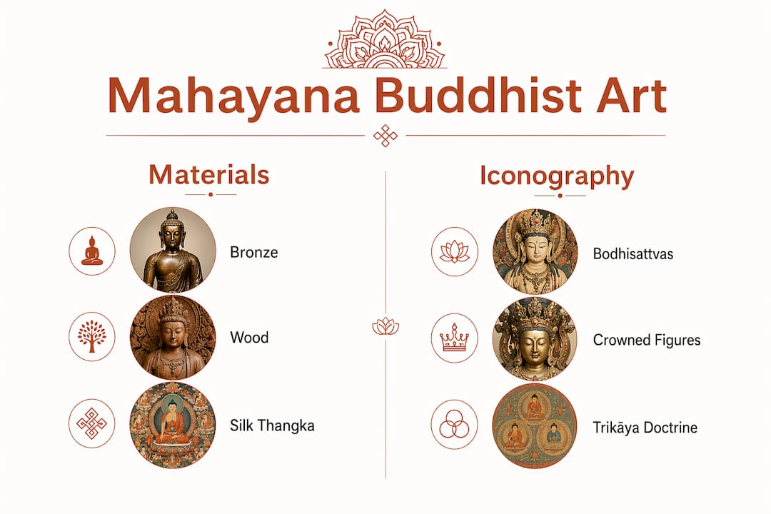 Infographic comparing materials and iconography in Mahayana art