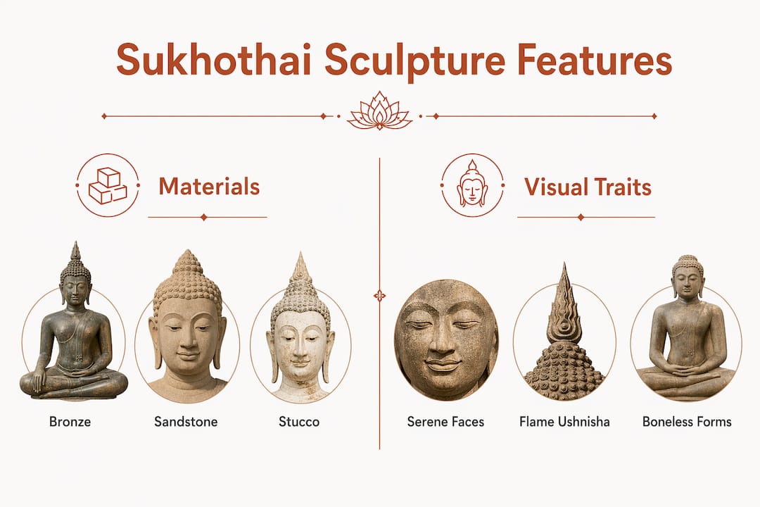 Infographic comparing Sukhothai sculpture materials and features