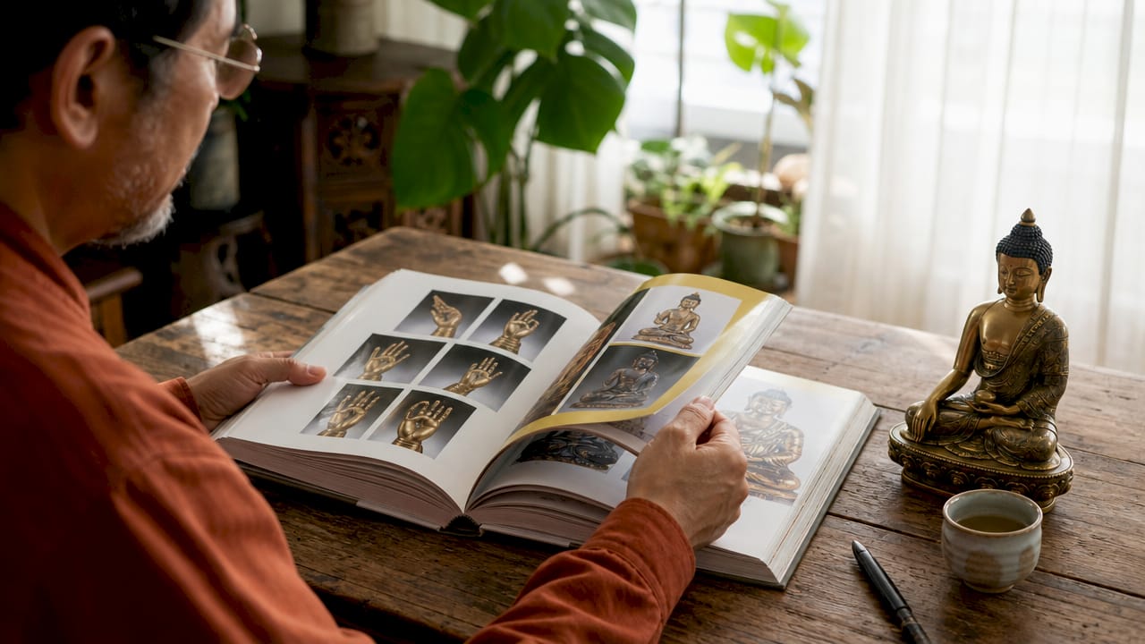 Hands studying Buddhist art iconography