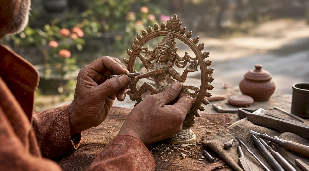 Artisan carving bronze Shiva Nataraja sculpture