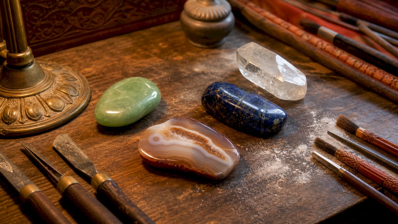 Close-up of hardstone samples with carving tools