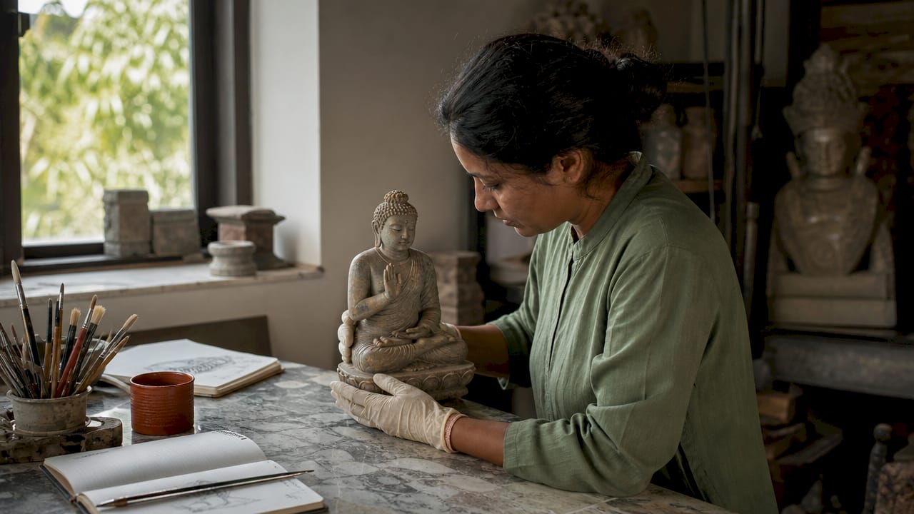 Curator examining seated Buddha statue hand gesture