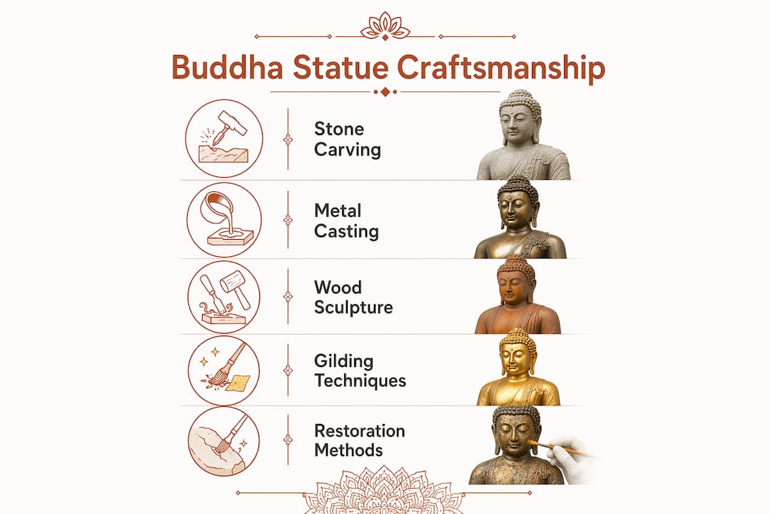 Infographic detailing Buddha statue materials and craftsmanship