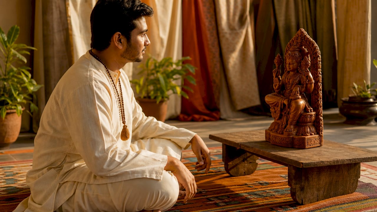 Man focused on wooden deity statue during meditation