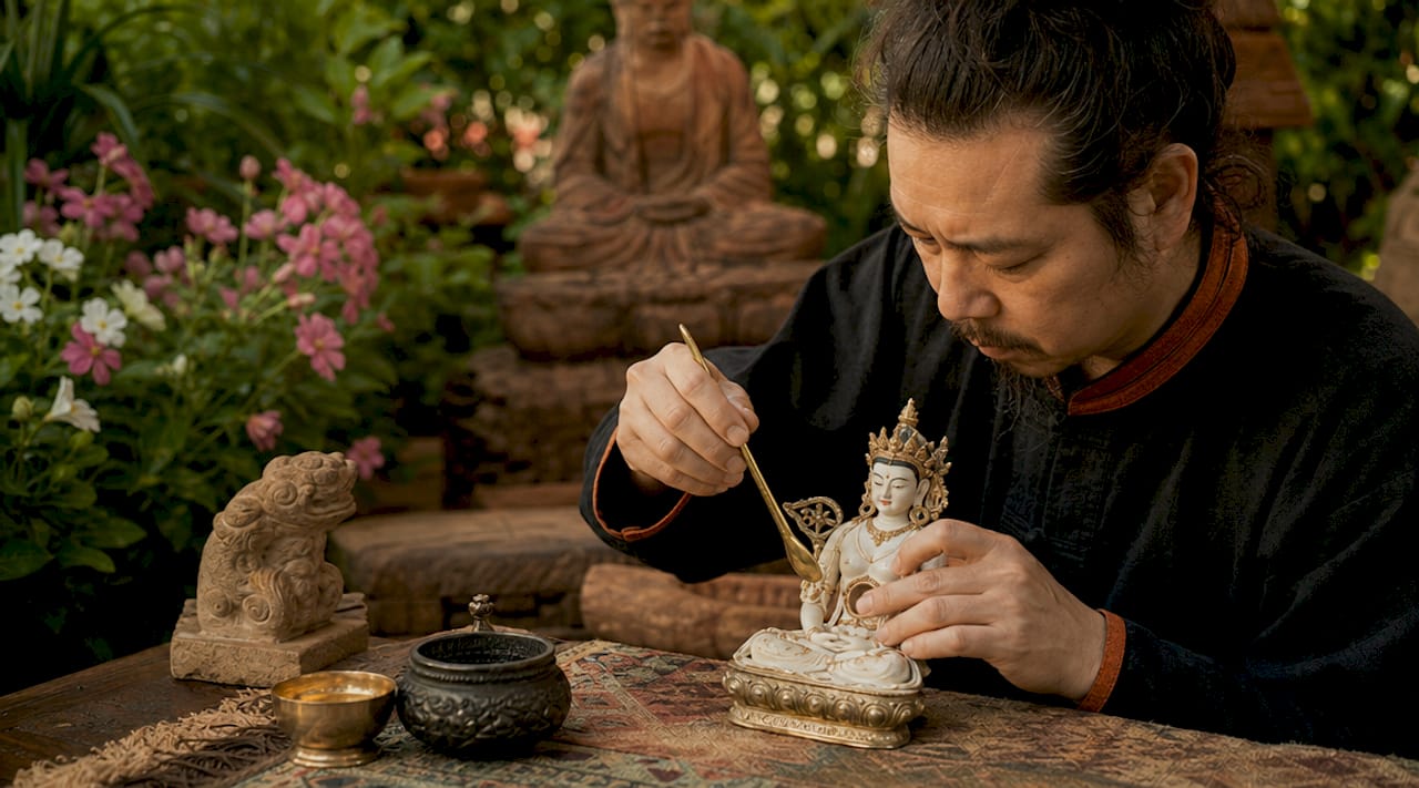 Hands filling Buddhist statue with ritual materials