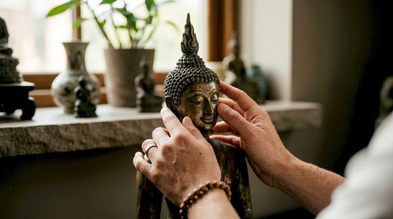 Hands examining stylistic details on bronze Buddha
