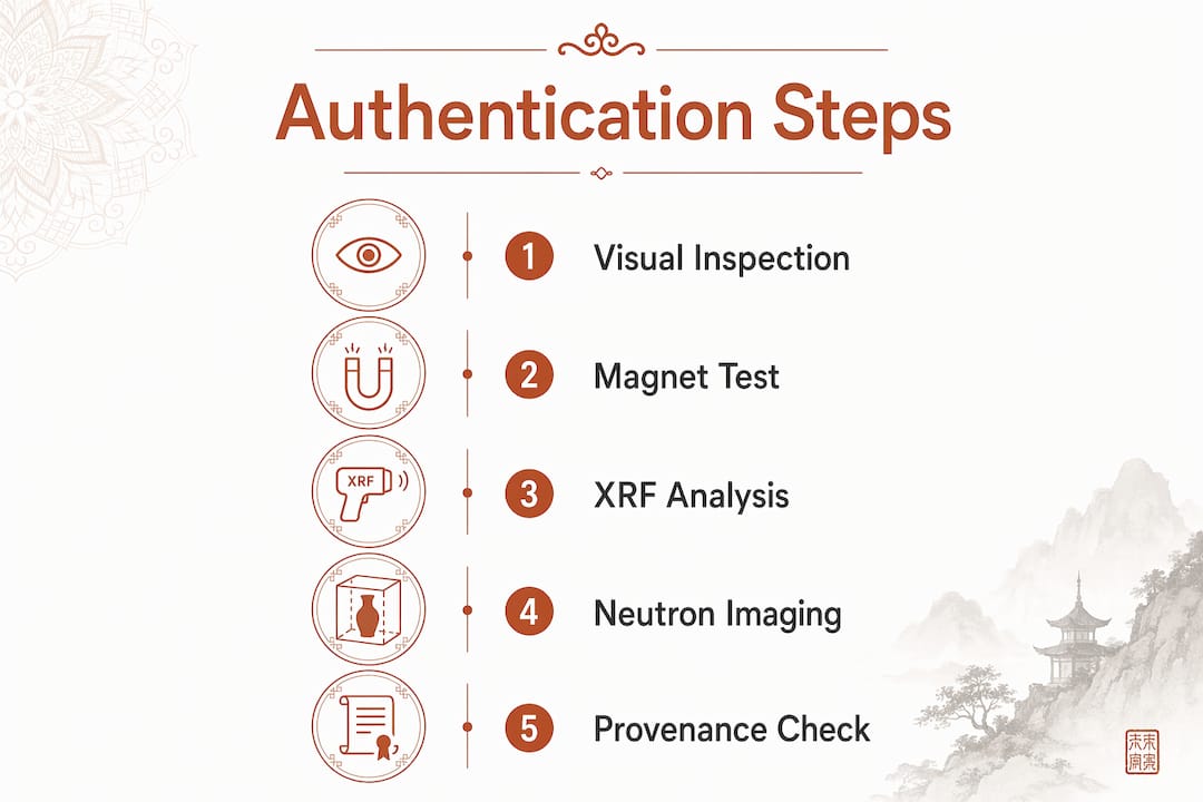 Infographic illustrating authentication steps for bronze Buddha
