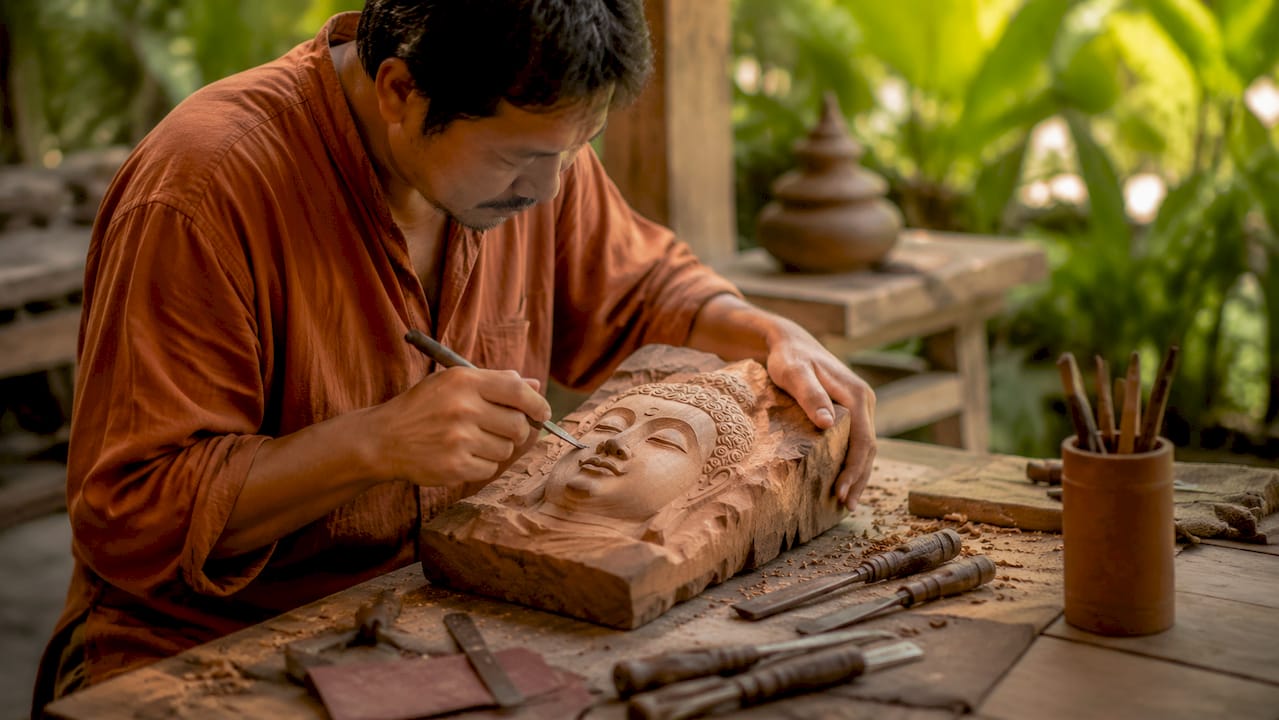 Kunsthandwerkliche Schnitzerei eines ruhigen Buddha-Gesichts