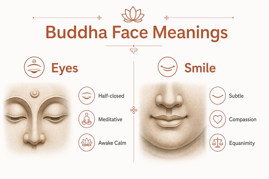 Infografik zum Vergleich der symbolischen Bedeutung von Buddha-Augen und Lächeln