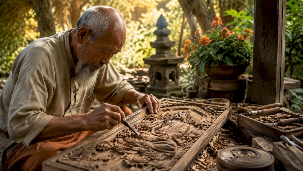 Handwerkerhände schnitzen vietnamesisch-buddhistische Holztafel