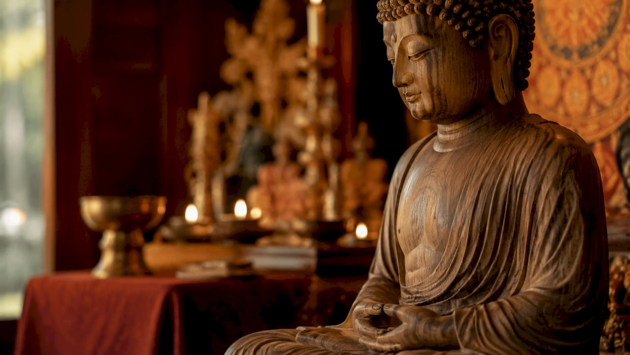 Close-up of Buddha statue mudra and face