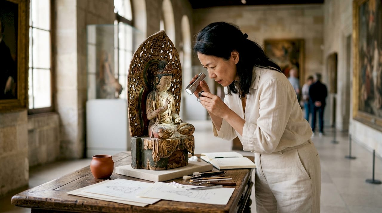 Conservator examining cracks with raking light