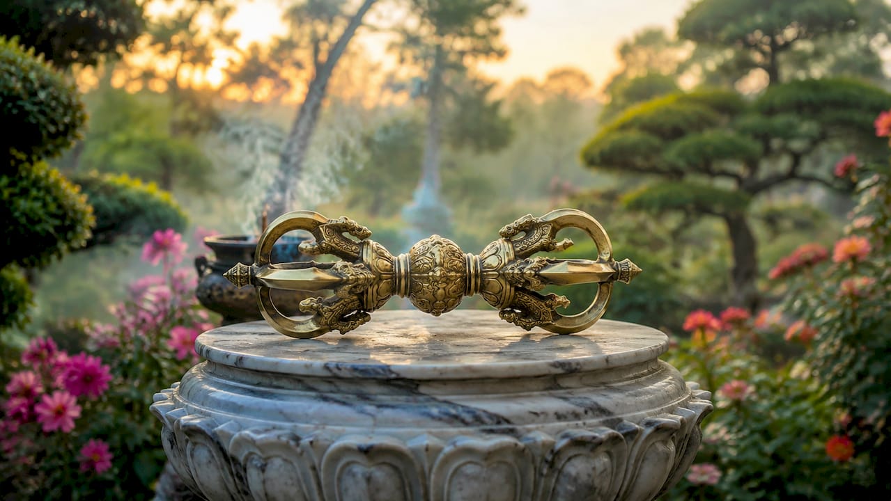 Ornate five-pronged vajra sculpture on pedestal