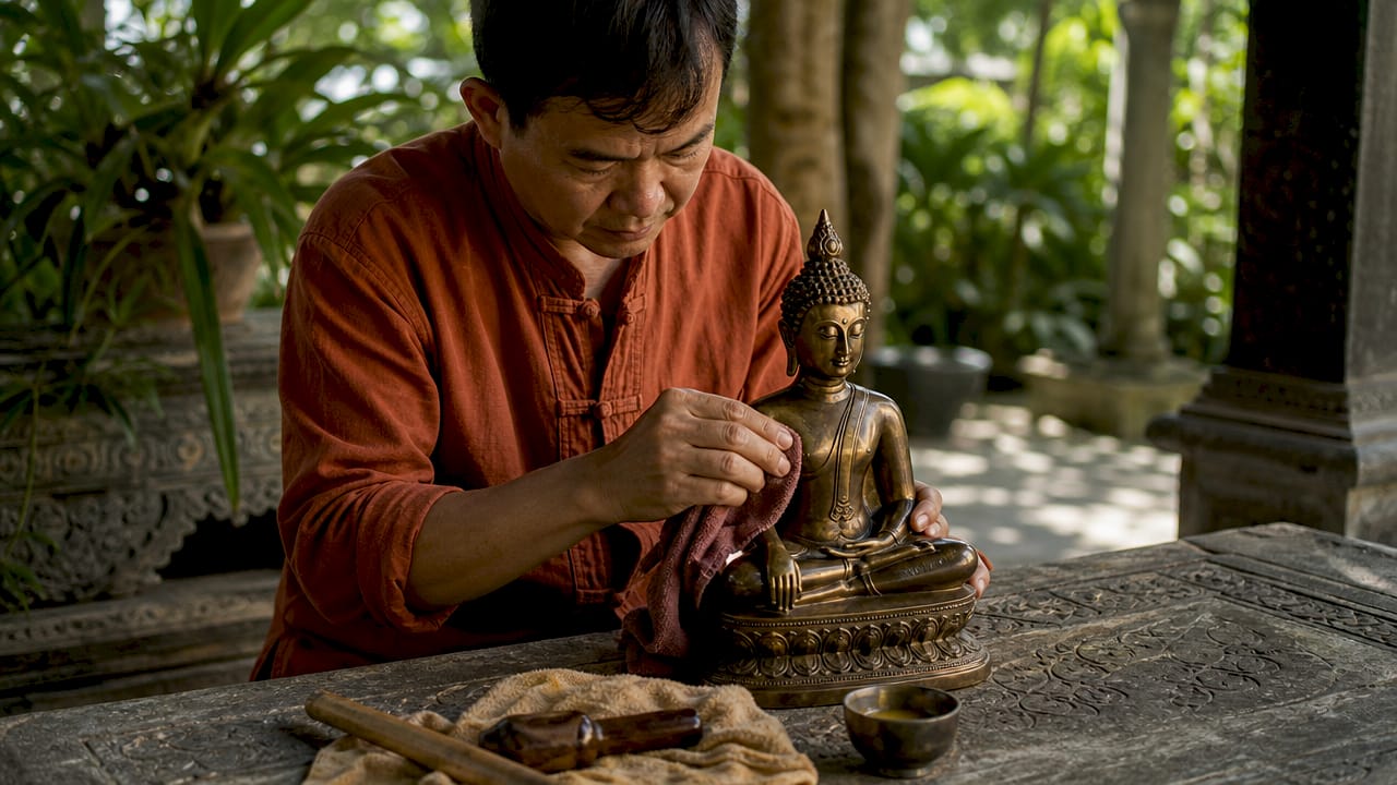 Hands cleaning Thai bronze Buddha statue in workshop