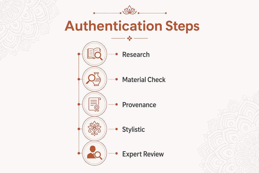 Infographic illustrating steps to authenticate Buddhist art