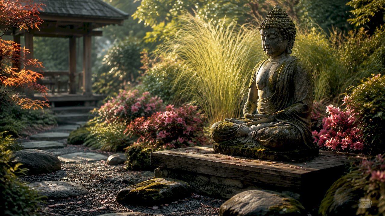 Seated Buddha statue in garden with soft sunlight