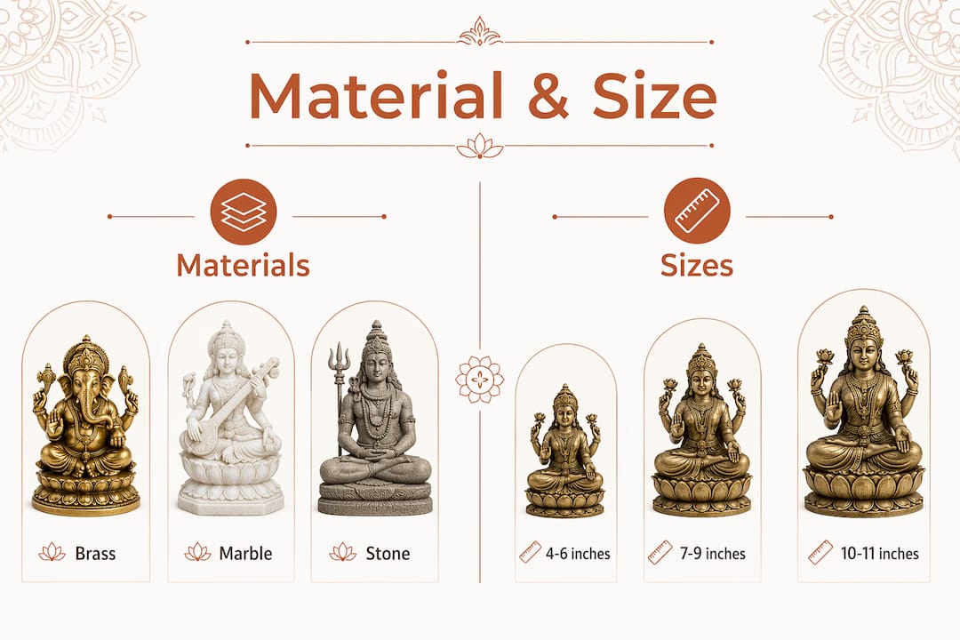 Infographic comparing materials and sizes of Hindu statues for home altars