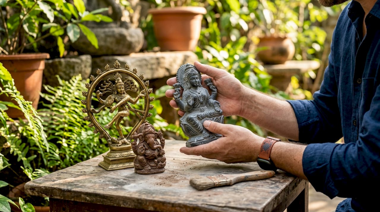 Hands examining Hindu deity statues on table