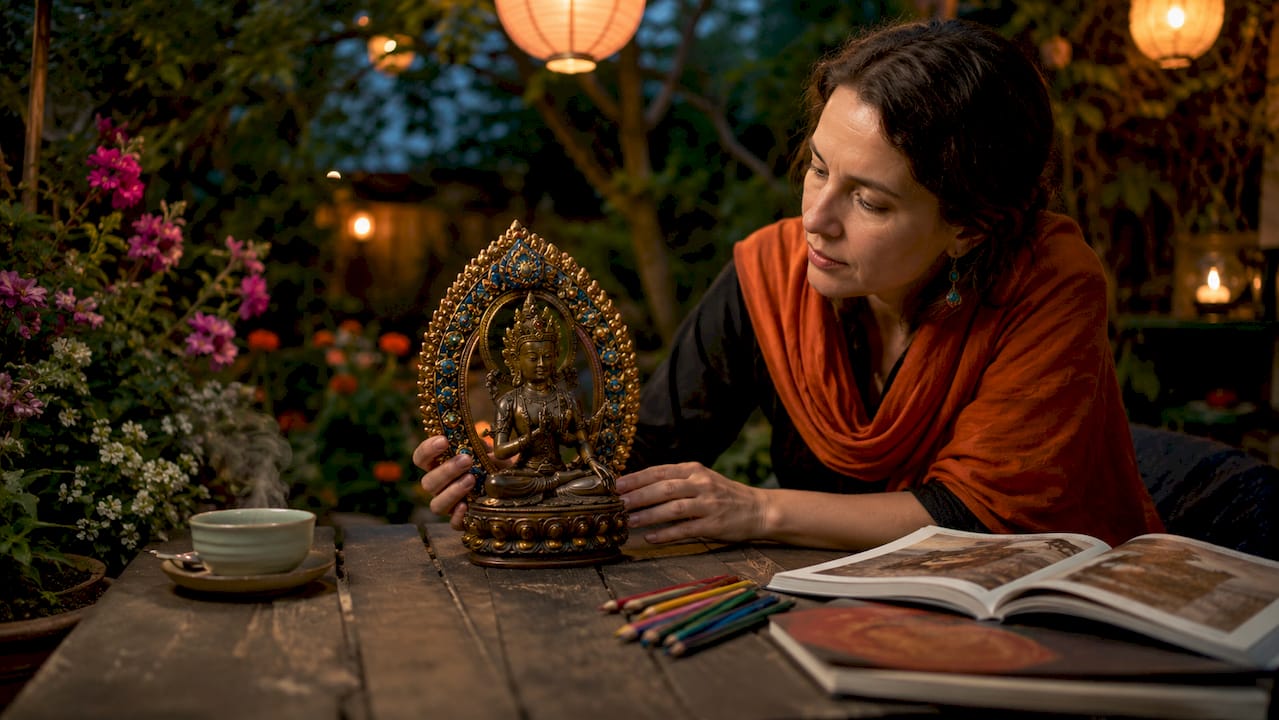 Art historian examining Buddhist aureole statue