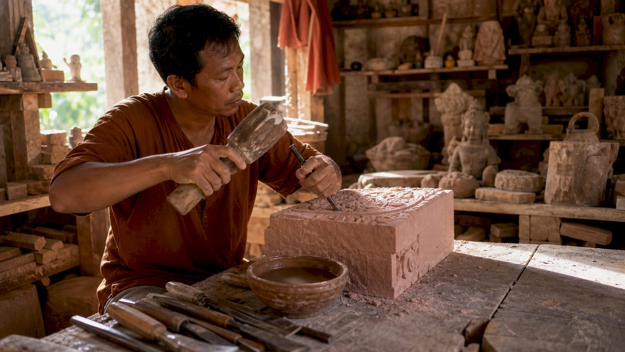 Sculptor carving Khmer sandstone details