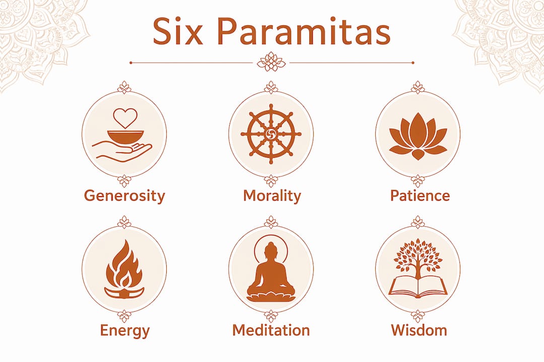 Infographic illustrating the six paramitas in bodhisattva practice