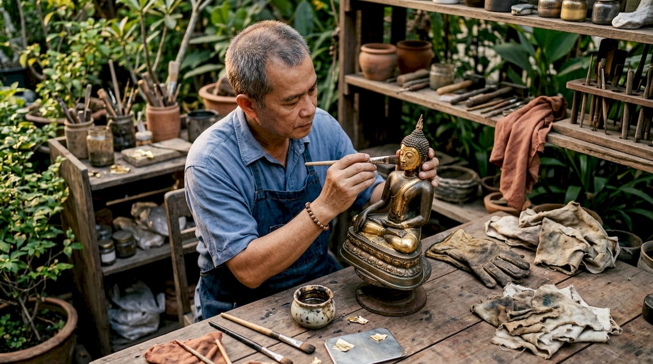 Craftsman applying fire gilding on bronze statue