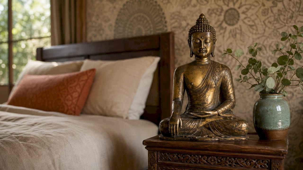 Bronze Buddha statue with warm bedroom lighting