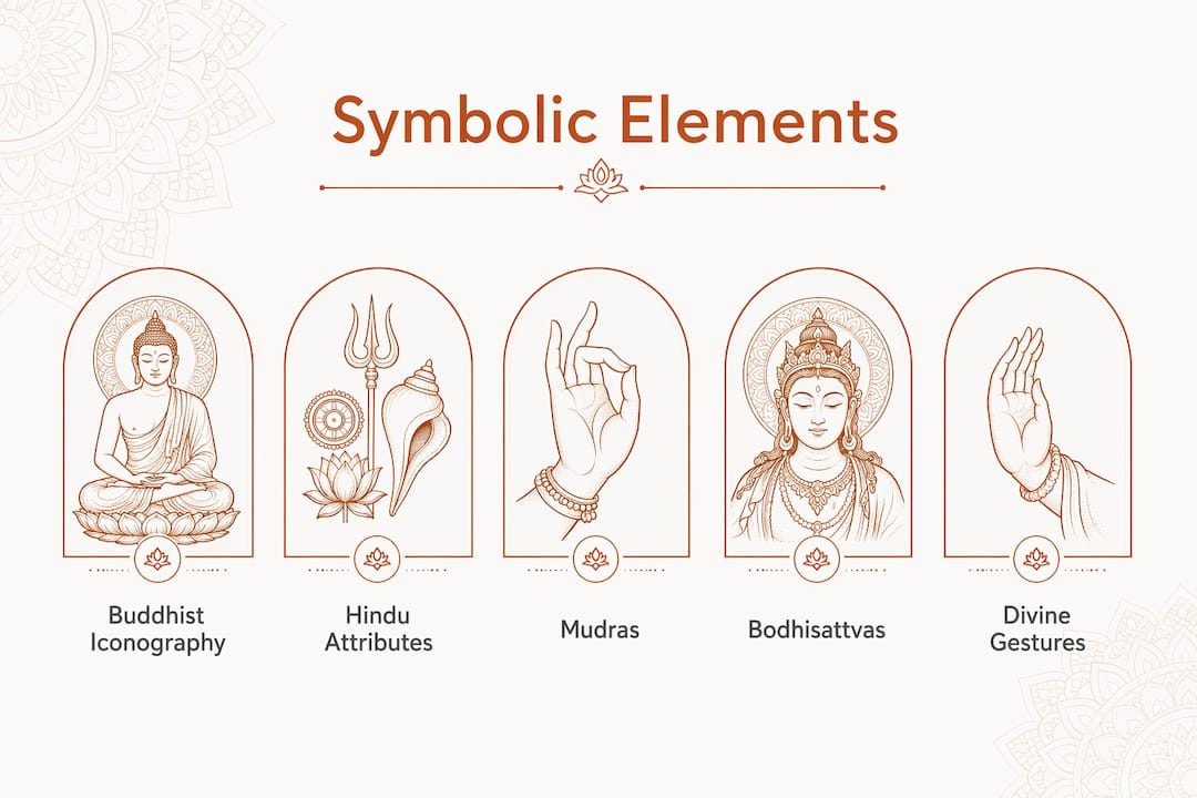 Infographie montrant les éléments symboliques clés de l’art religieux asiatique
