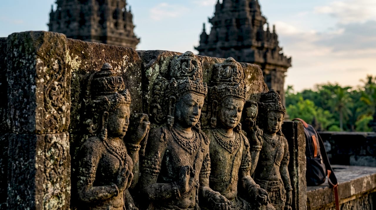 Stone carvings on Prambanan temple depicting Hindu deities