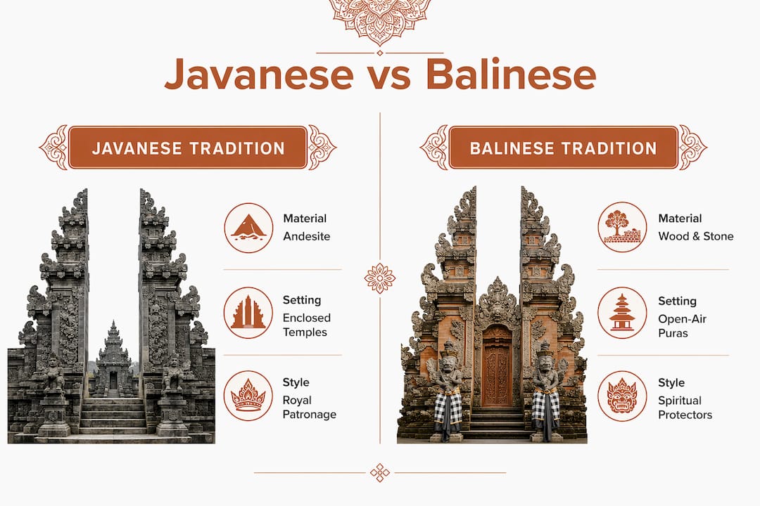 Infographic comparing Javanese and Balinese Indonesian Hindu sculpture styles