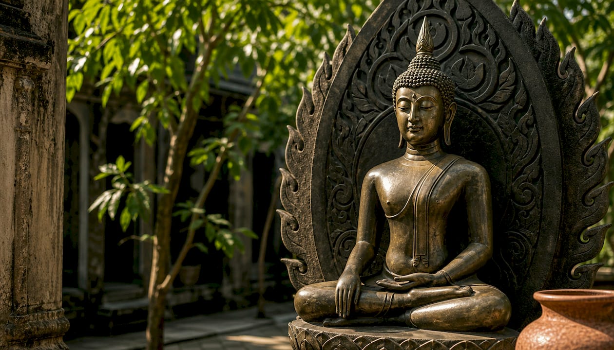 Close-up of Buddha statue with mandorla frame