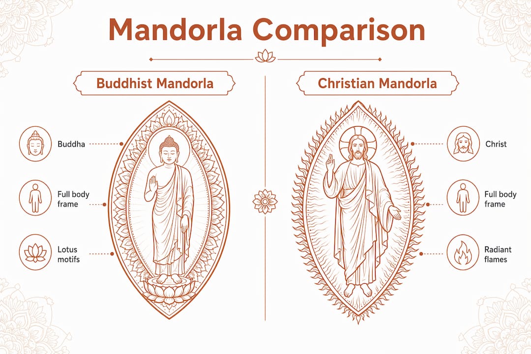 Infographic comparing Buddhist and Christian mandorla features
