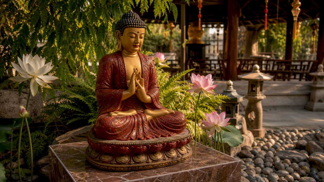 Amitabha Buddha statue in a lotus garden