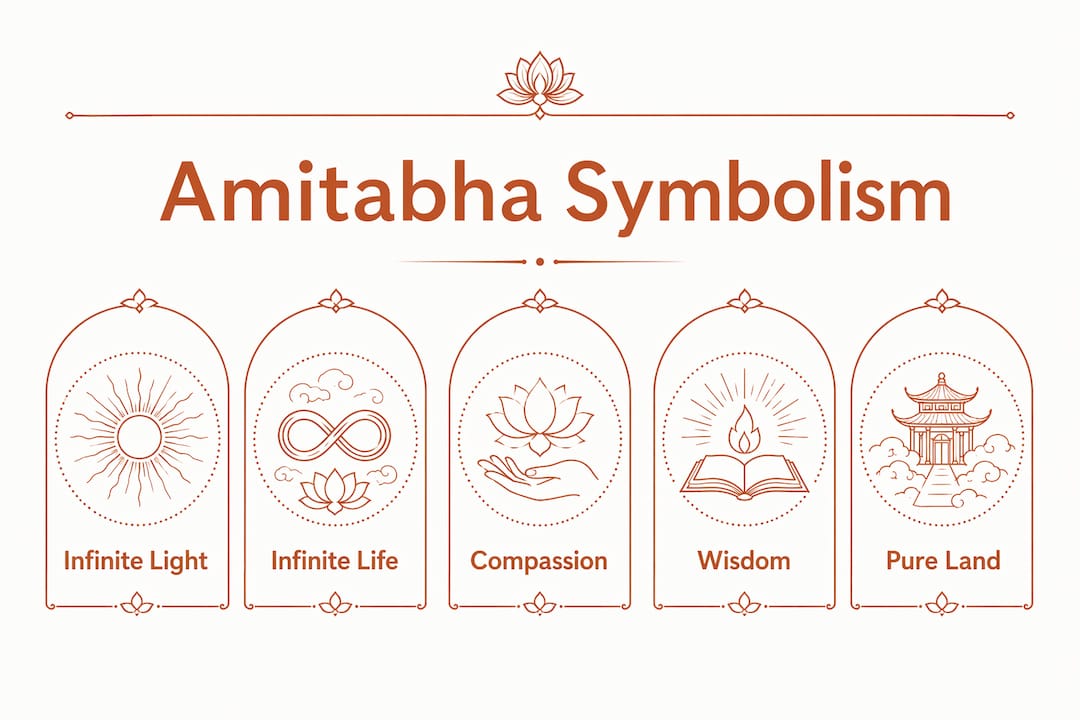 Infographic showing key Amitabha Buddha symbolism concepts