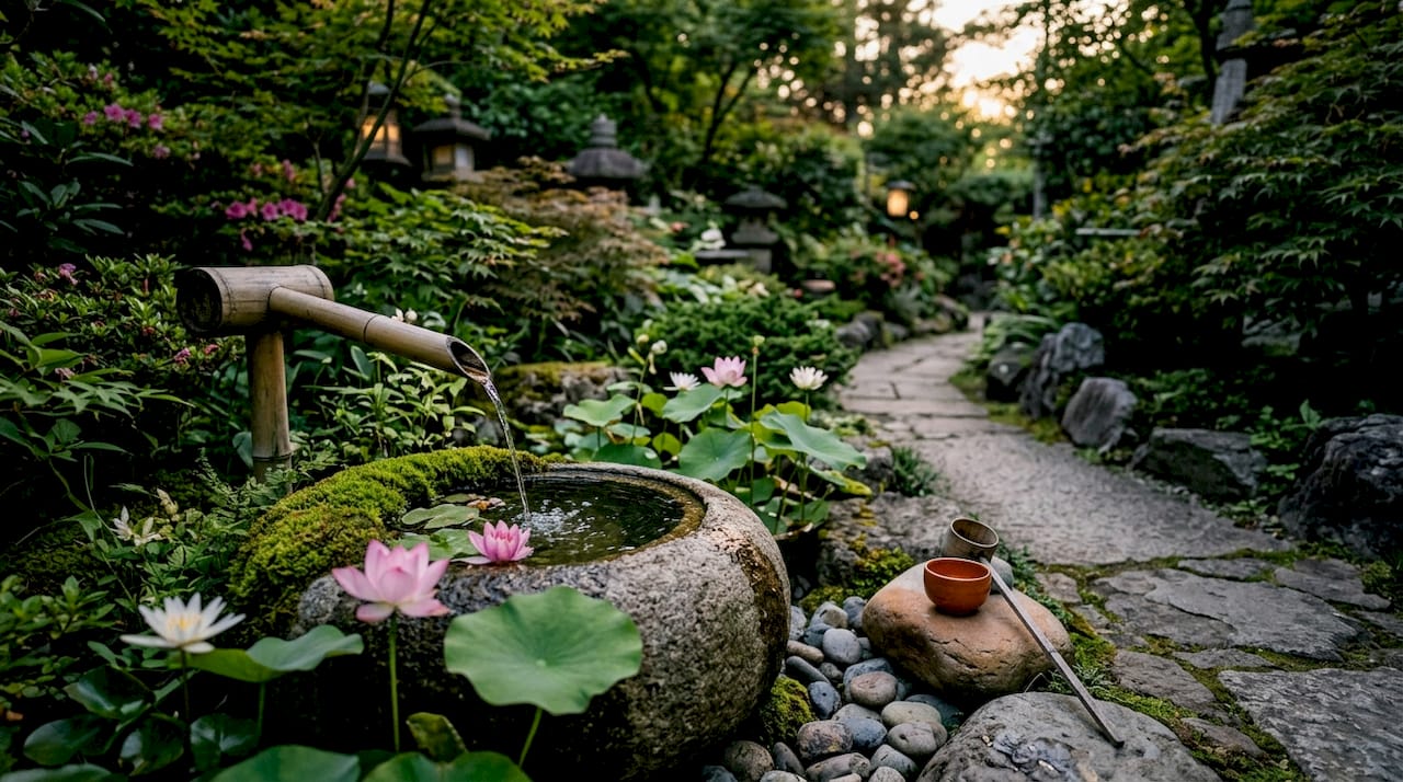 Bamboo water spout and lotus flowers in Buddhist garden