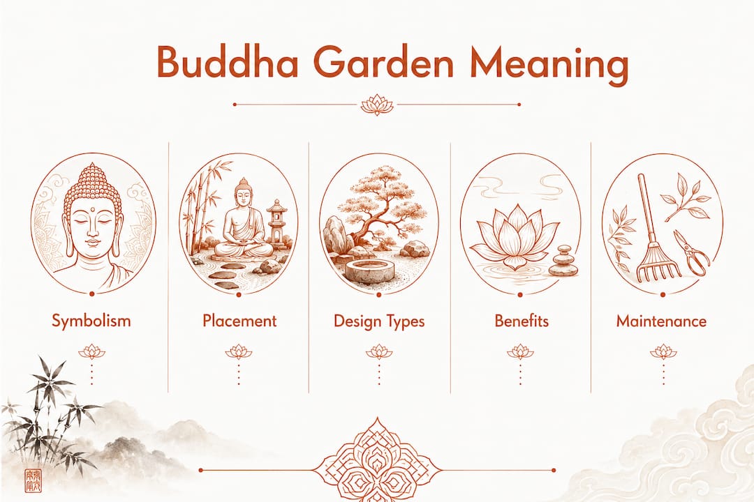 Infographic summarizing Buddha garden meanings