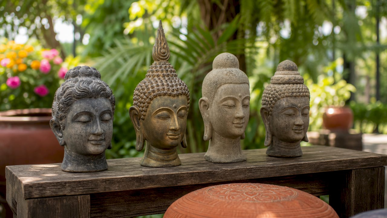 Close-up of diverse Buddha statue ushnisha styles