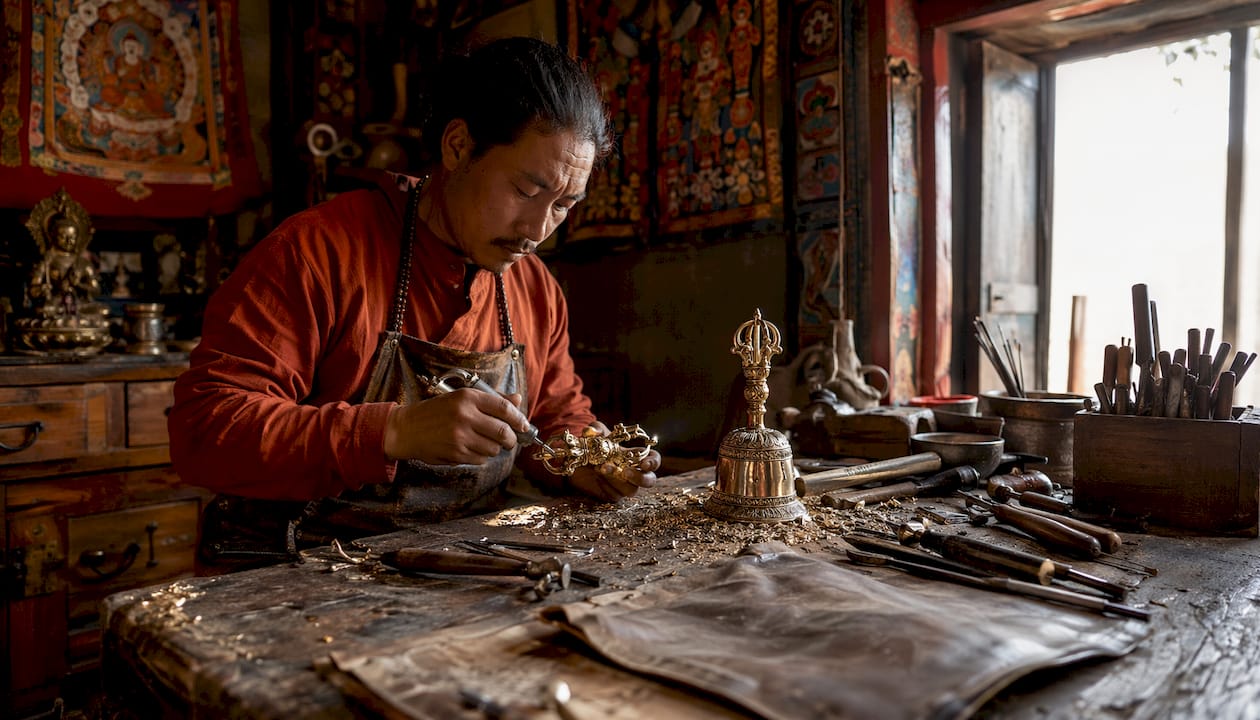 Hands crafting vajra and bell ritual objects