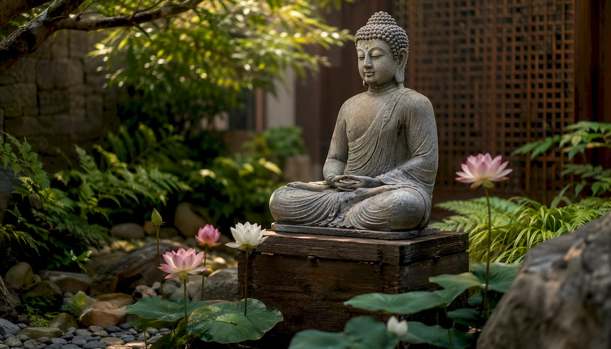 Close-up stone Buddha statue in garden setting