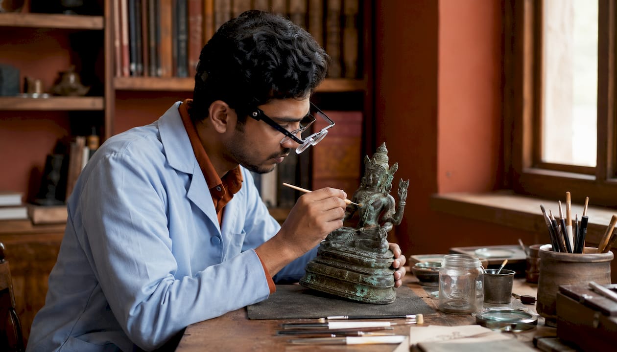 Conservator inspecting bronze disease corrosion close-up