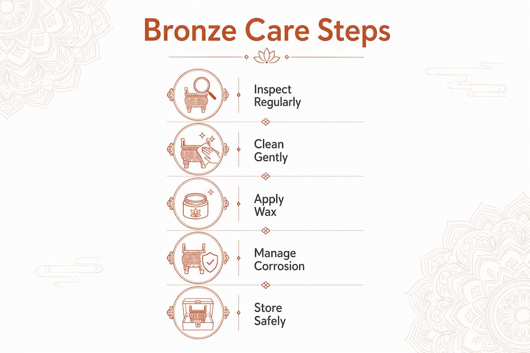 Infographic showing five key steps to care for bronze statues